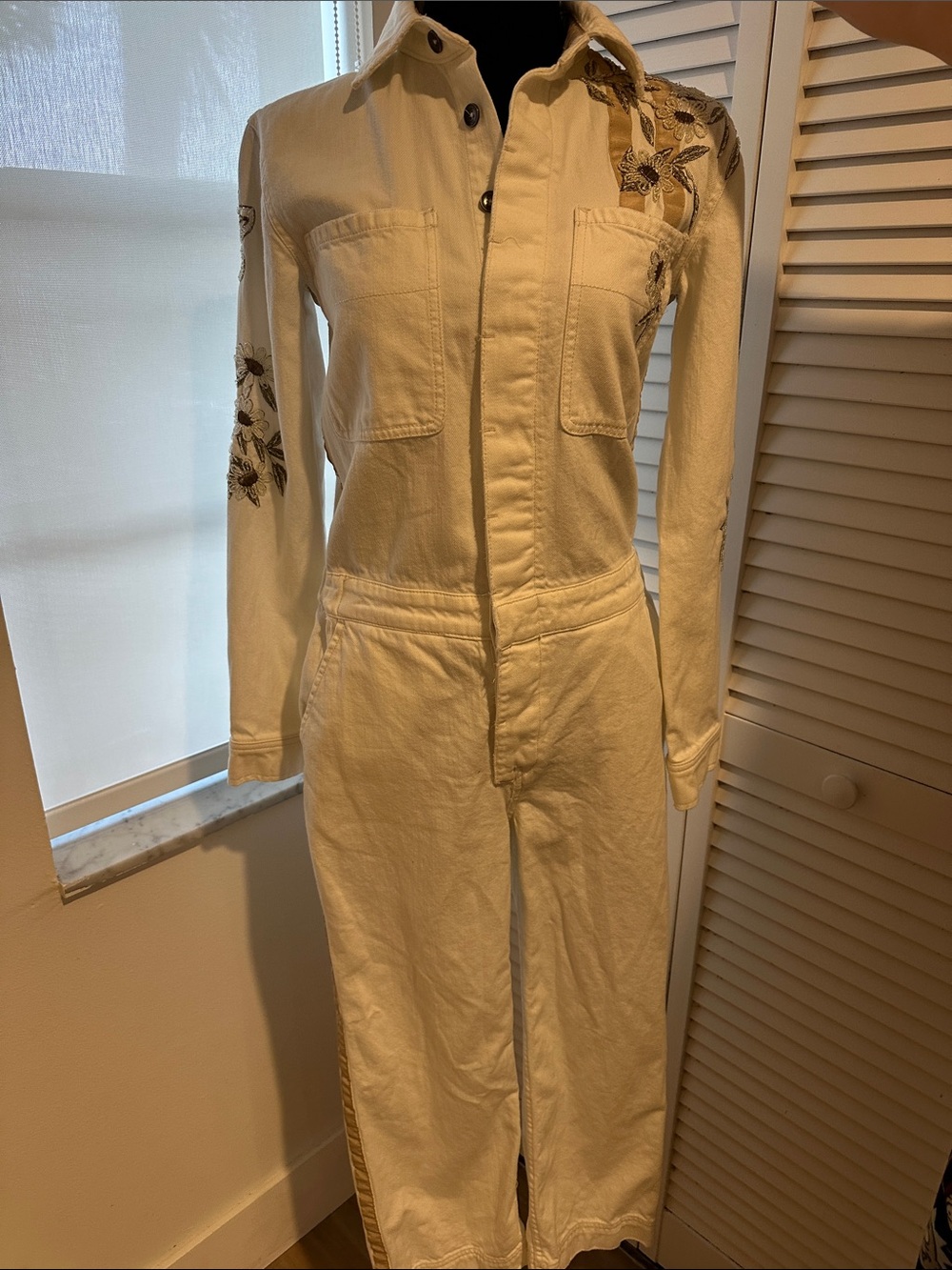 Free People Cream Embroidered Utility Jumpsuit